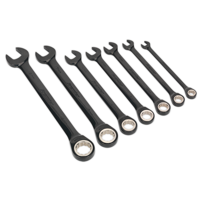 Premier Black Combination Ratchet Spanner Set 7pc