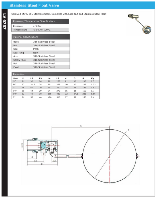 Stainless Steel Float Valve – 4.5 Bar