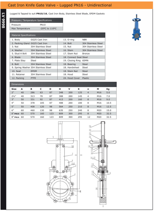 Cast Iron Knife Gate Valve – Lugged PN16 – Unidirectional