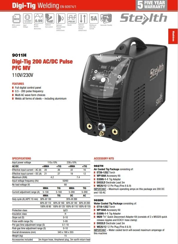 Stealth Digi-TIG-200 AC/DC PFC - c/w 3m Argon hose, Amphenol plug, 3m earth return lead