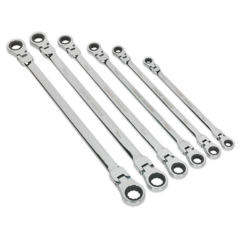 Premier Extra-Long Flexi-Head Double End Ratchet Ring Spanner Set 6pc