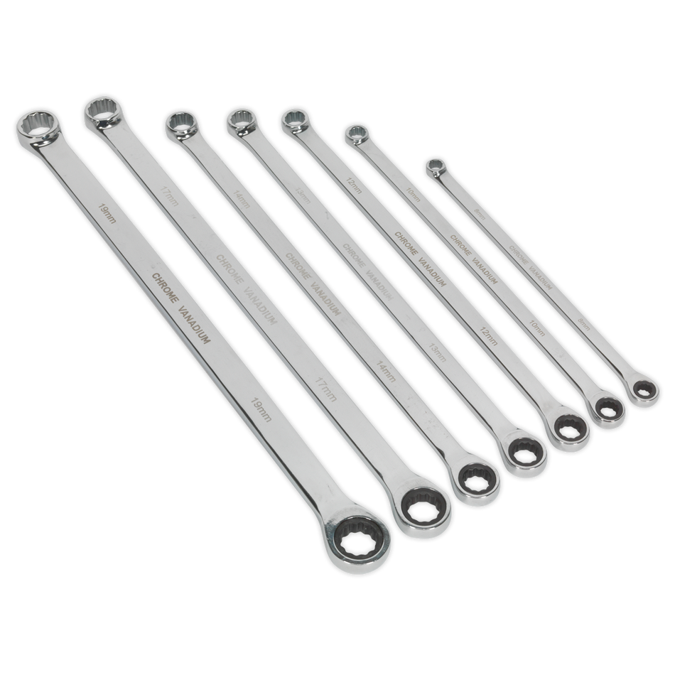 Premier Extra-Long Double Ring Ratchet/Fixed Spanner Set 7pc