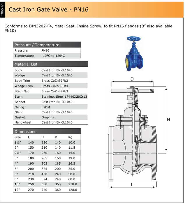 Cast Iron Gate Valve – Flanged PN16 – Stainless Steel Stem – PN16 Rated – A Range